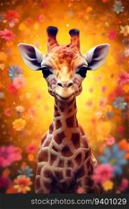 Giraffe with Flowers on a Colorful Background. Generative ai. High quality illustration. Giraffe with Flowers on a Colorful Background. Generative ai
