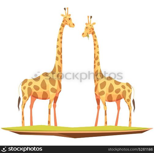 Giraffes Couple Animals Composition. Wild animals composition with two flat doodle style giraffe images chewing grass on blank background vector illustration