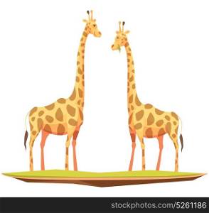 Giraffes Couple Animals Composition. Wild animals composition with two flat doodle style giraffe images chewing grass on blank background vector illustration