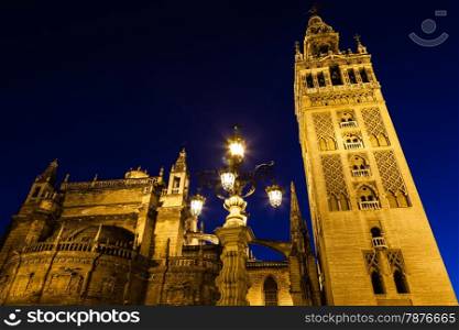 Giralda bell tower by night in Seville - Spain