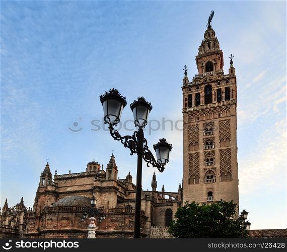 Giralda bell tower in evening Seville city, Spain. Constructed in 1184-1198.