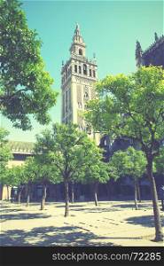 Giralda bell tower in Seville, Spain. Retro style filtred image