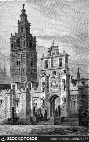 Giralda in Seville, vintage engraved illustration. Le Tour du Monde, Travel Journal, (1865).
