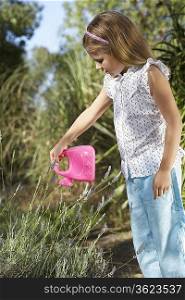Girl (5-6) watering plant with plastic can