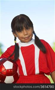 Girl (7-9 years) holding soccer ball under arm, portrait