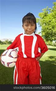 Girl (7-9 years) soccer player holding ball under arm, portrait