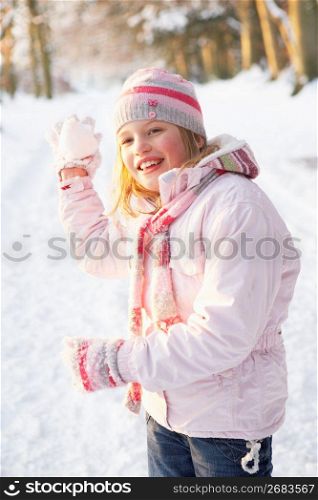 Girl About To Throw Snowball In Snowy Woodland