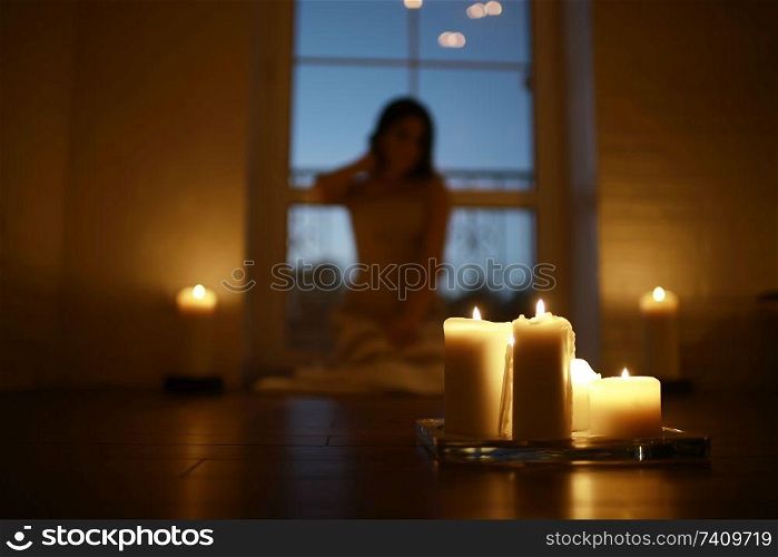 Girl adult evening candles romance holiday christmas home portrait