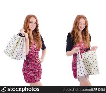 Girl after good shopping on white