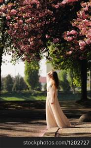 girl among the cherry blossoms. girl walks around the city in the spring among the flowering trees.. girl among the cherry blossoms. girl walks around the city in the spring among the flowering trees