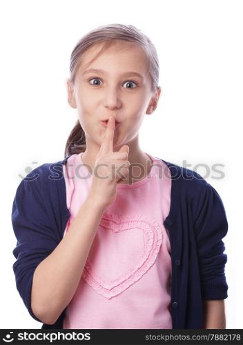Girl and a big secret on a white background