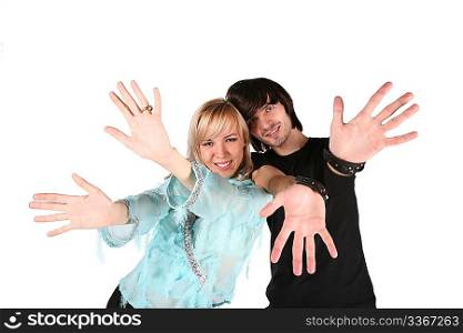 girl and boy show gestures by hands