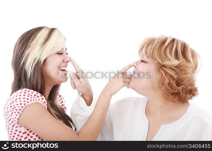 girl and mother profiles, playful woman with nose daughter playing smiling isolated on white.