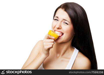 girl and sour lemon on white background