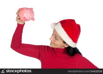 Girl at Christmas flipping a piggy bank isolated on white