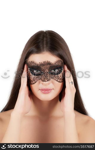 girl at mask closeup on a white background