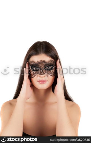 girl at mask closeup on a white background