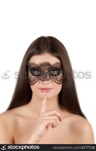 girl at mask closeup on a white background