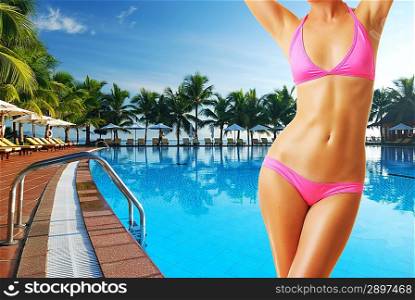 Girl at tropical swimming pool. Collage.
