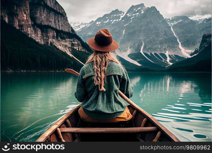 Girl back is sailing on a boat in mountain lake. Illustration AI Generative