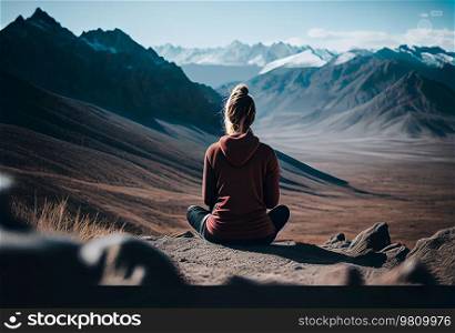 Girl Back Sitting and Watching Mountains. Illustration AI Generative