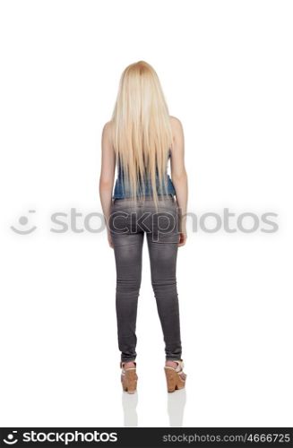 Girl back with long hair isolated on a over white background