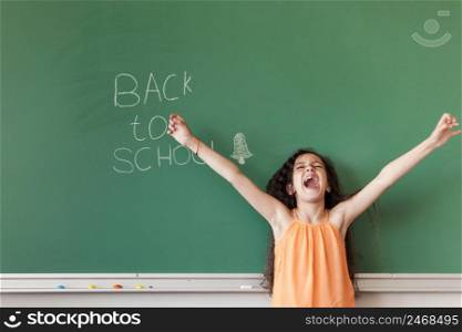 girl blackboard with hands apart