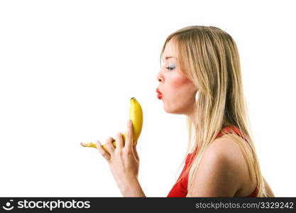 Girl blowing smoke from a banana as if it was a fired gun