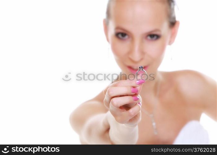 Girl bride in white dress showing engagement or wedding ring, isolated on white background.
