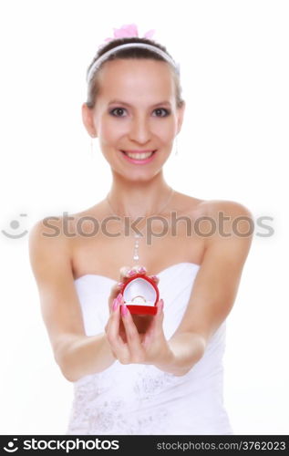 Girl bride in white dress with surprise looks at red box with wedding ring, isolated on white background.