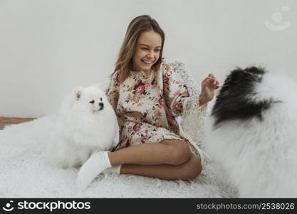 girl cute white puppies