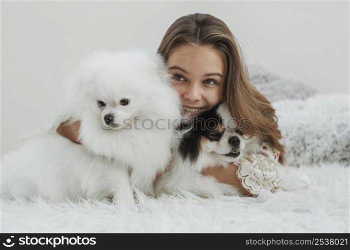 girl cute white puppies front view