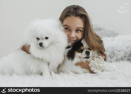 girl cute white puppies front view