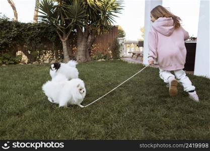 girl cute white puppies playing garden