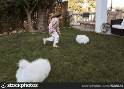 girl cute white puppies playing outdoors