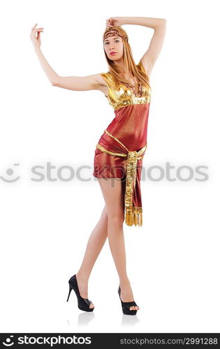 Girl dancing belly dance on white