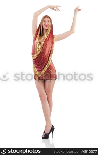 Girl dancing belly dance on white