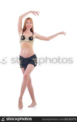 Girl dancing belly dance on white