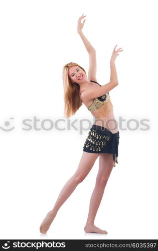 Girl dancing belly dance on white