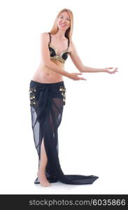 Girl dancing belly dance on white