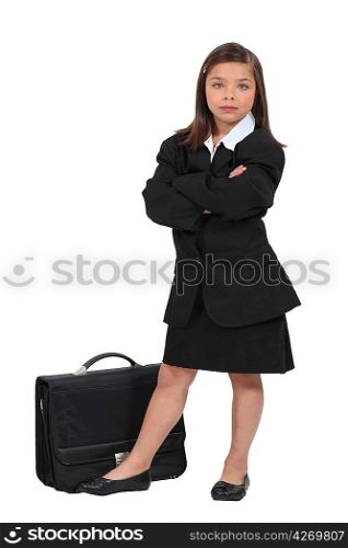 Girl dressed in black with a briefcase