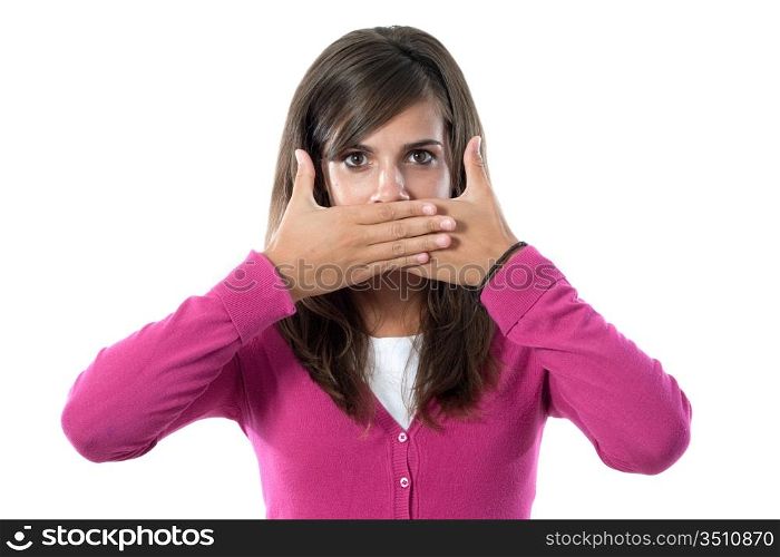 Girl dressed in pink covering her mouth on a white background