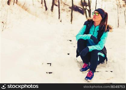 Girl dressed up for winter. Girl dressed up for winter. Staying fit despite cold. Health fitness nature fashion concept.