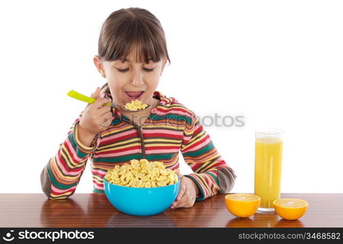 Girl eating breakfast a over white background