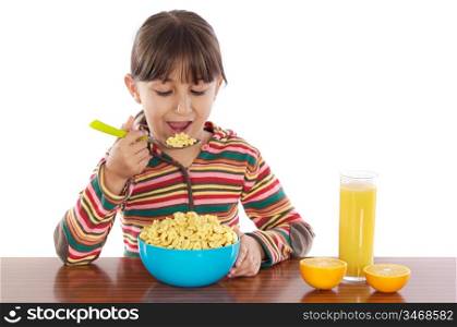 Girl eating breakfast a over white background