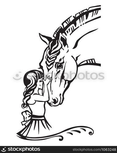 Girl embrace horse head , monochrome decorative portrait in profile of girl and horse, vector isolated illustration in black color on white background. Cartoon illustration for design and tattoo.