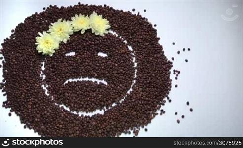 Girl emoticon with flower crown made of coffee beans showing mood swings. Smiley changing expressions when cup of coffee appearing and cheerfully winking on white background