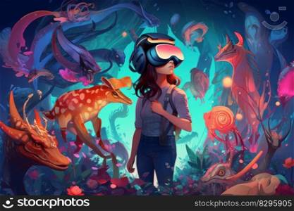 girl examines underwater fantasy vr world amazing cartoon world abstract background generative ai.