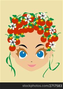 Girl face illustration with flowers and fruits in her hair; Illustration