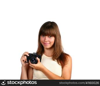 girl face isolated with photo camera in hands